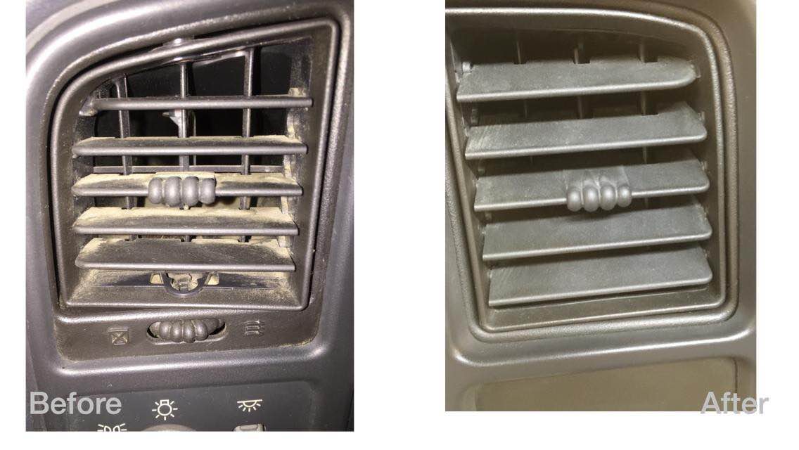 Side-by-side car air vents: left dirty, right clean; both labeled “Before” and “After.”