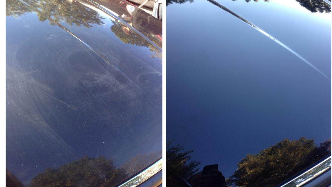 Car hood comparison: scratched dark surface on left, glossy blue surface on right.