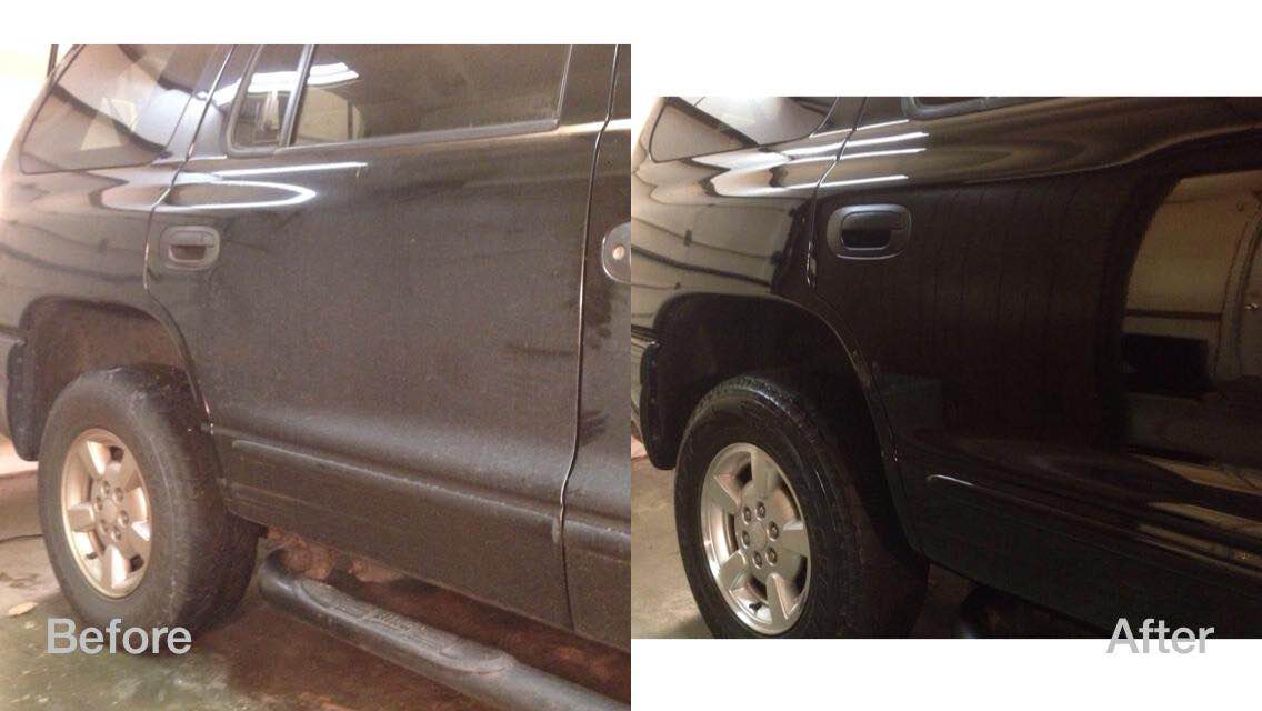 Side-by-side view of a black pickup truck before and after body repair or paint restoration