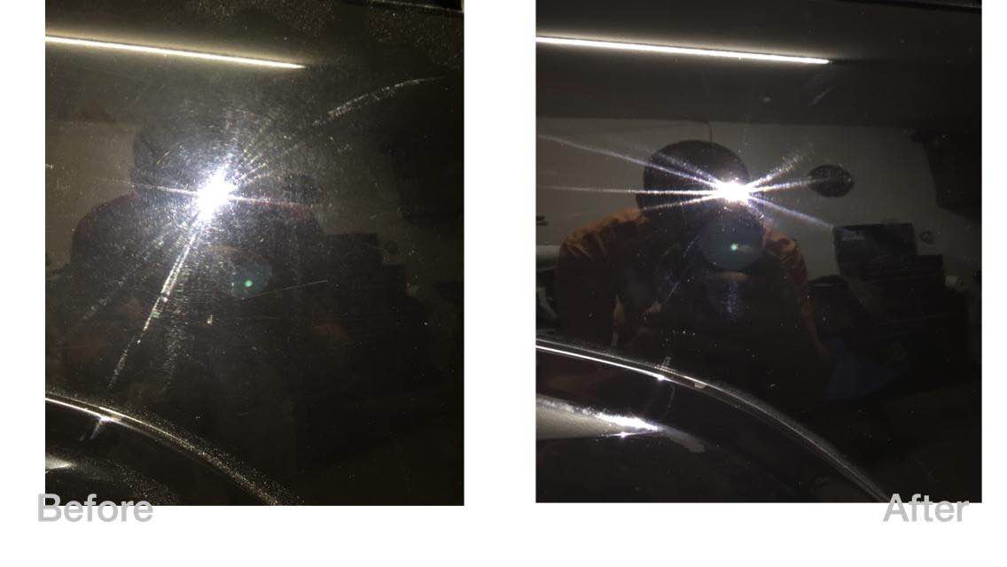 Before-and-after car window glare reduction at night, showing reduced reflection and clearer glass.
