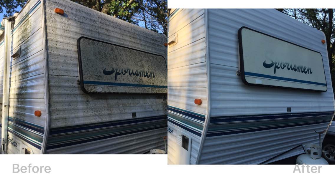 Before-and-after comparison of a gray travel trailer’s side panel repair with Arabic logo.