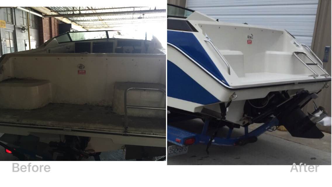Boat shown before and after repainting: dull beige on left, white with blue stripe on right.