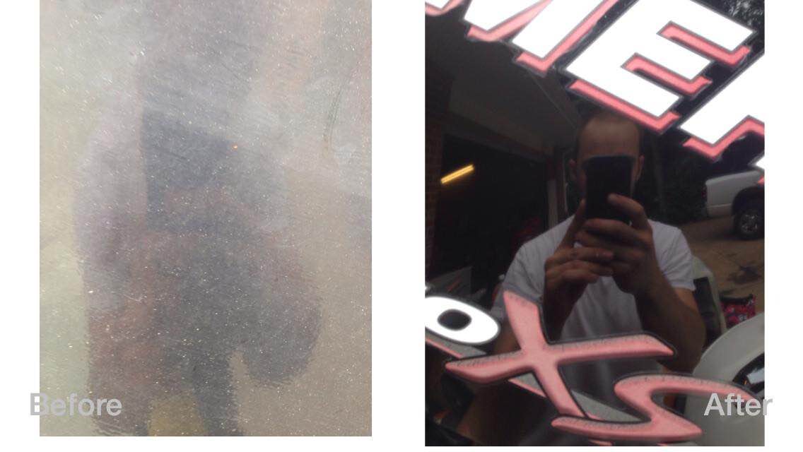 Two side-by-side photos: hazy silhouette at left, and a person taking a mirror selfie at right.