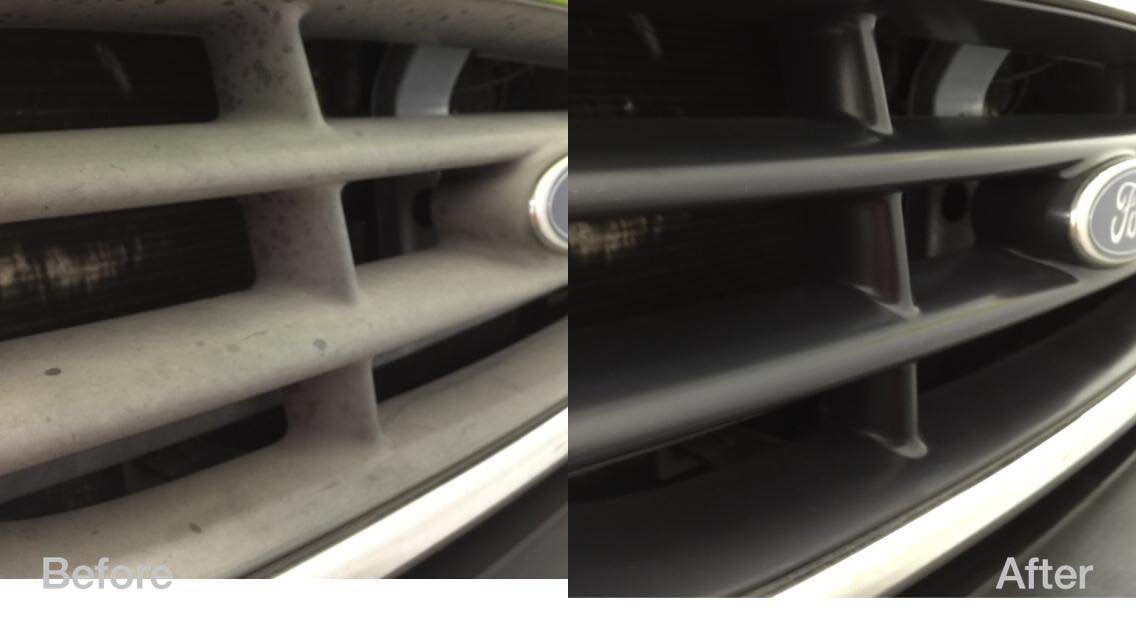 Close-up of a car grille showing a before-and-after rust repair comparison, labeled “Before” and “After.”