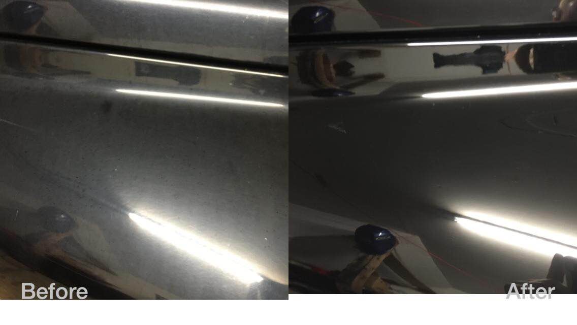 Before-and-after view of a black car hood with a small dent near the front edge.