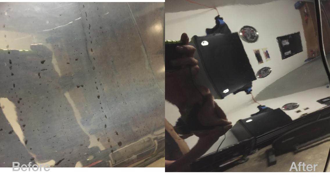 Split-view room before-and-after: damaged wall on left, tidy interior on right.