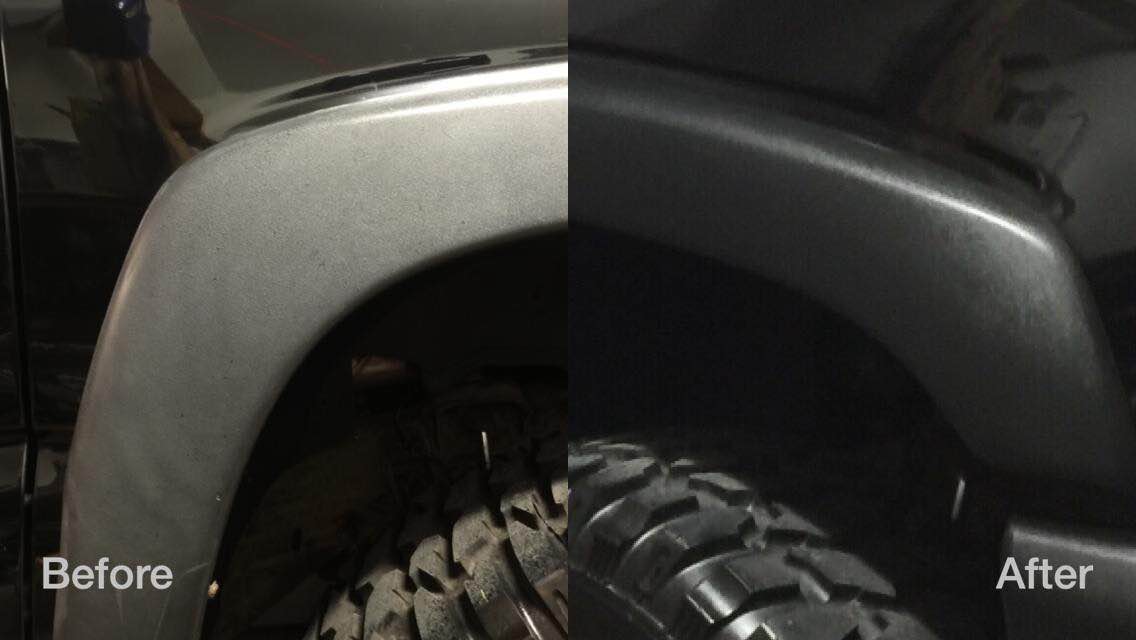 Close-up of a car wheel arch before and after a matte black fender flare installation.