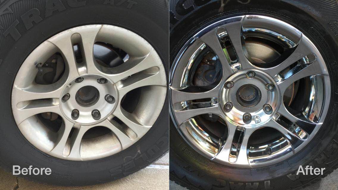 Before-and-after comparison of a car wheel rim, showing a dull silver rim next to a polished chrome rim.