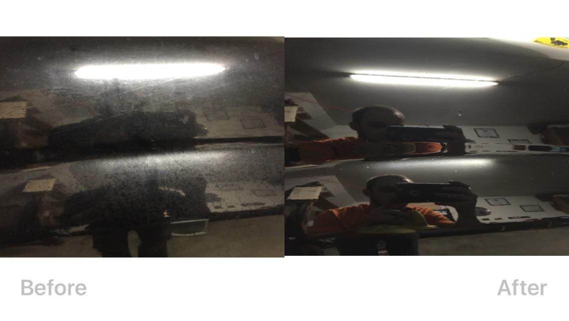Side-by-side before and after photo of a dark car roof with reflections.
