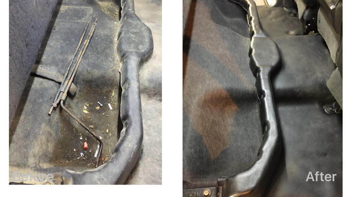 Side-by-side close-up of a worn black fabric repair, showing damaged area before and after