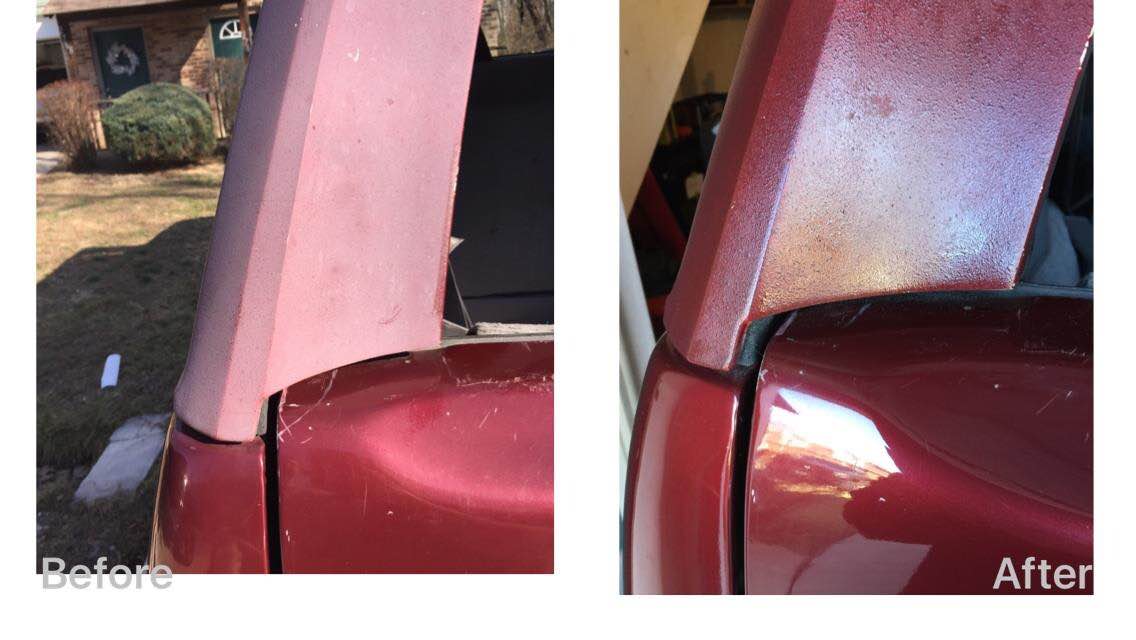 Before-and-after close-up of a car’s rear pillar and quarter panel, showing paint color change and repair.