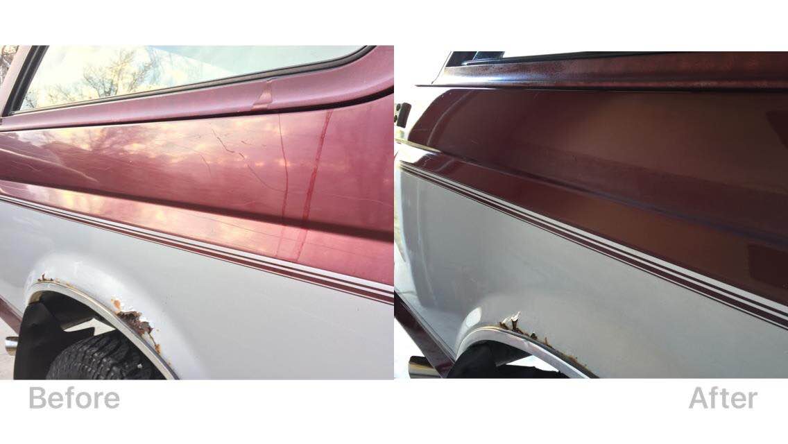 Before-and-after of a red and gray car body panel repair near the rear wheel arch