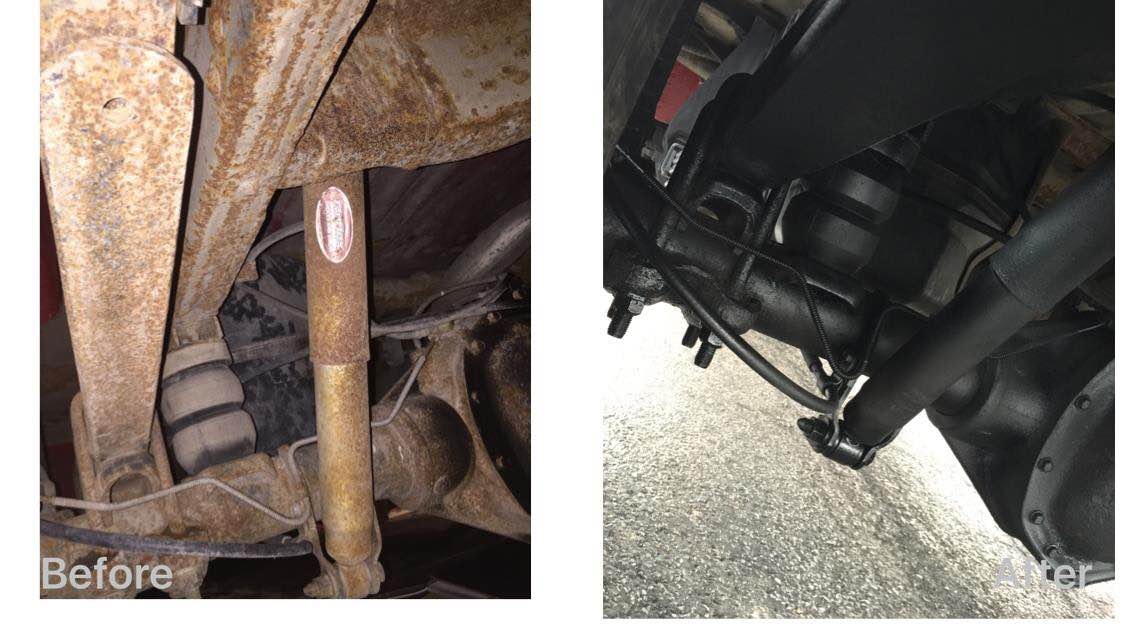 Two close-up undercarriage shots of a vehicle, showing suspension parts and a rusted vertical rod.