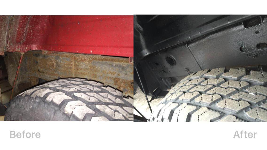 Before-and-after close-up of a truck wheel well and tire, showing a red body panel replaced by black trim.