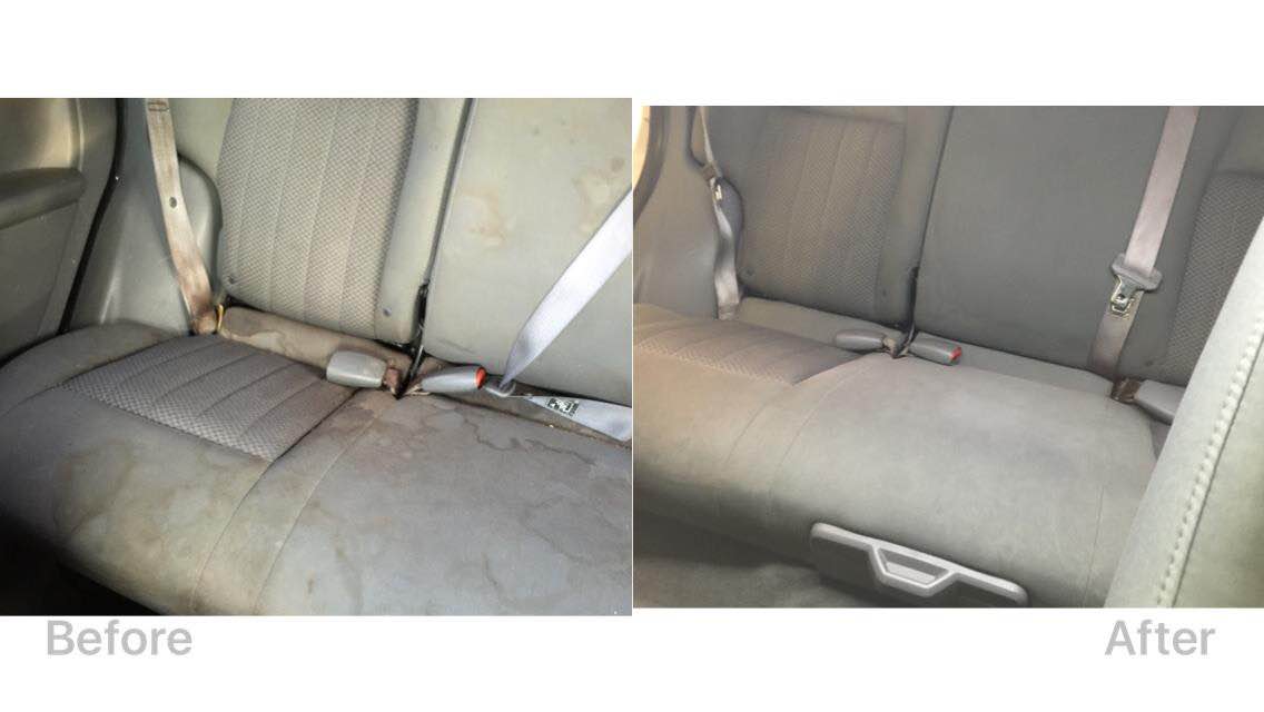 Car interior rear seat before-and-after view, showing cleaned upholstery and floor mats.
