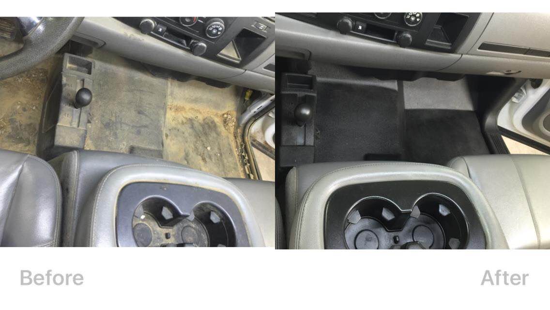 Car interior floor before-and-after cleaning, showing dirty carpet and cleaned seats around the center console.
