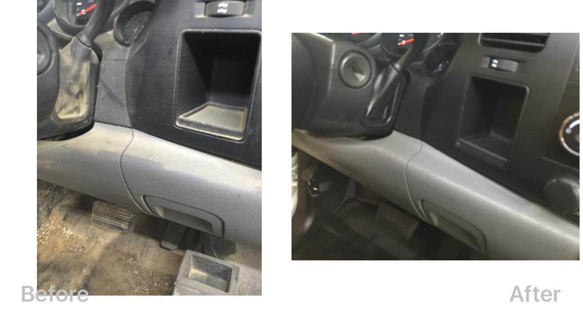 Before-and-after photo of a car dashboard trim repair, showing damaged area fixed and cleaned.