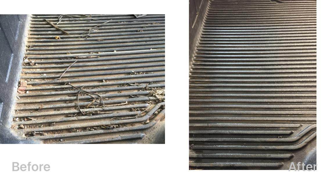 Before-and-after of a dirty ribbed mat, showing it cleaned on the right.