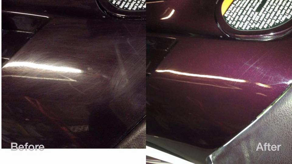 Before-and-after view of a glossy dark purple car panel with scratches removed