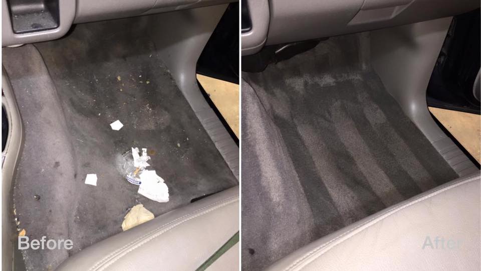 Car floor mat before and after cleaning, showing debris removed and a clean black mat.