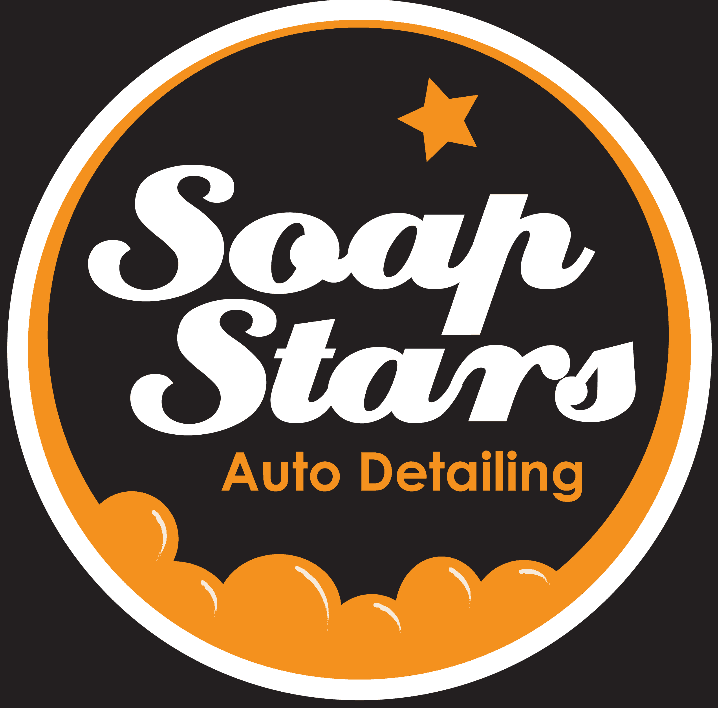Soap Stars auto detailing logo with white text on black, orange stars, and orange bubbles