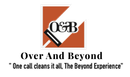Over And Beyond logo with orange square, black-and-white emblem, and tagline “One call cleans it all, The Beyond Experience”
