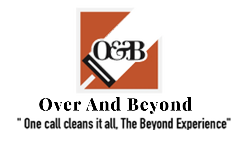 Over And Beyond logo with orange square, black-and-white emblem, and tagline “One call cleans it all, The Beyond Experience”