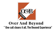 Over And Beyond logo with orange square, black-and-white emblem, and tagline “One call cleans it all, The Beyond Experience”