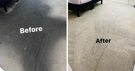 Carpet cleaning before-and-after comparison: dark stained carpet on left, lighter clean carpet on right.