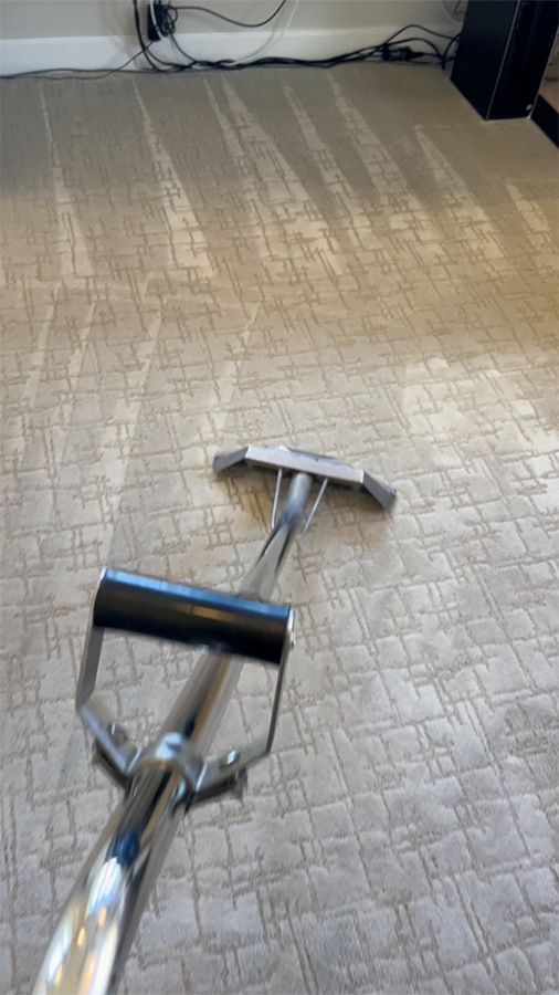 Vacuum cleaner head on a beige carpet in a room with cables along the wall