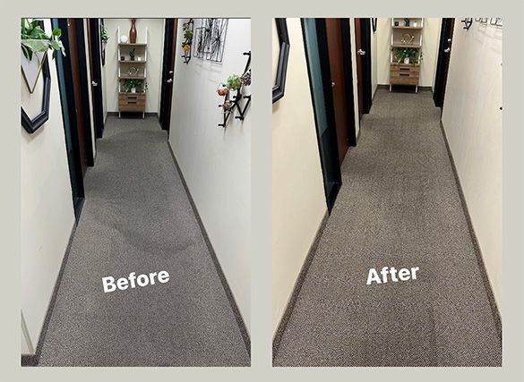 Hallway carpet before and after cleaning, showing a cleaner, brighter floor on the right.