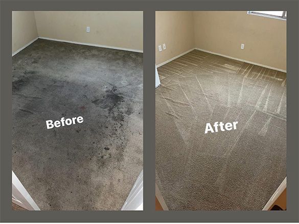 Carpet cleaning before-and-after: stained dark carpet restored to a clean beige floor.