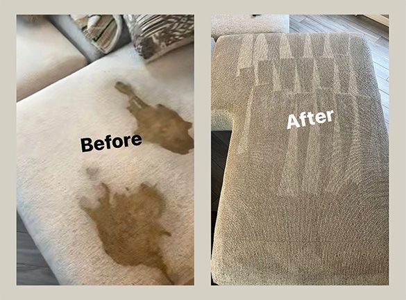 Couch cushion stain cleanup comparison: before with brown stain, after clean beige fabric.