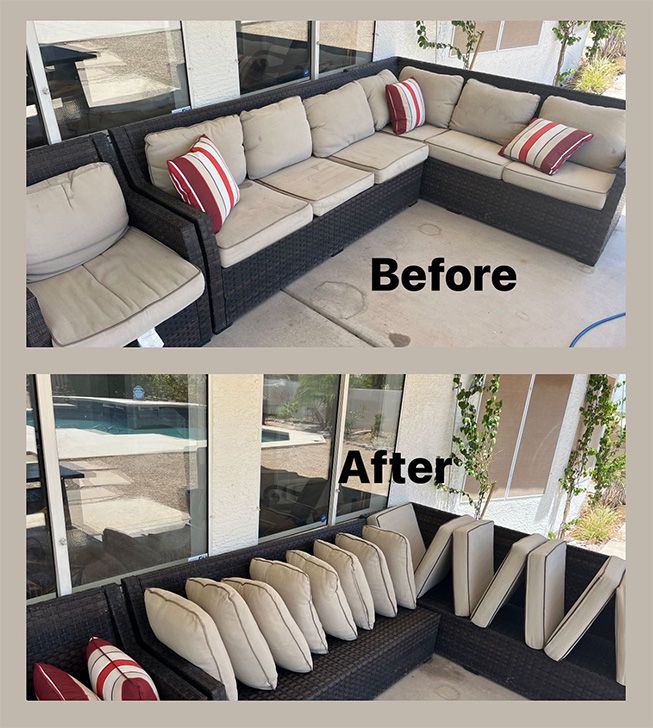 Patio sectional sofa shown before and after cushion and pillow rearrangement for better storage