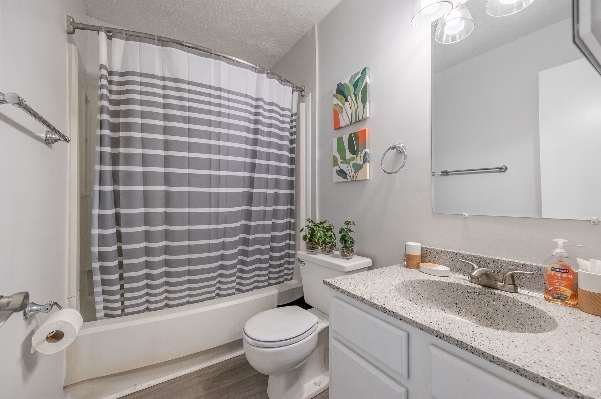 Bathroom with gray and white striped shower curtain, white vanity, and small plants at Glastonbury Woods Apartments.