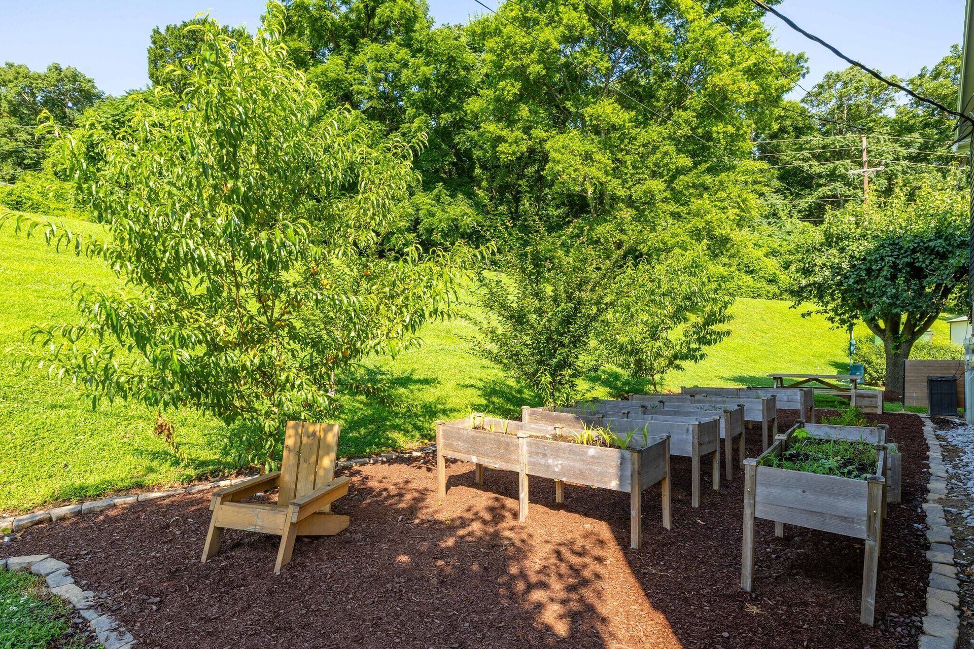 Raised garden beds in a backyard setting with a wooden chair and green trees and grassy hill at Glastonbury Woods Apartments.
