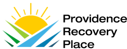 A logo for providence recovery place with a sun and waves.