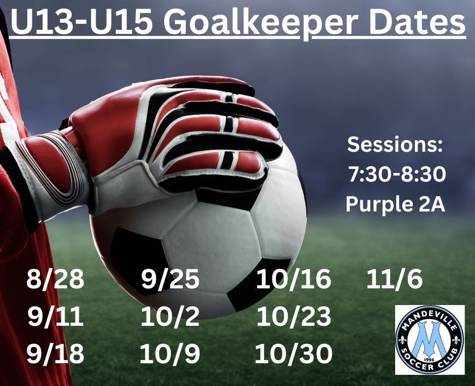 A flyer for U13-U15 goalkeeping sessions at Mandeville Soccer Club