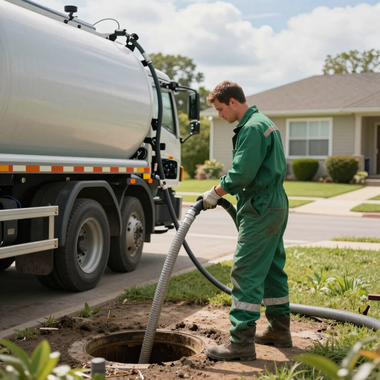 Worker vacuuming a lawn beside a white vacuum truck and suburban house, with mountains in the background
