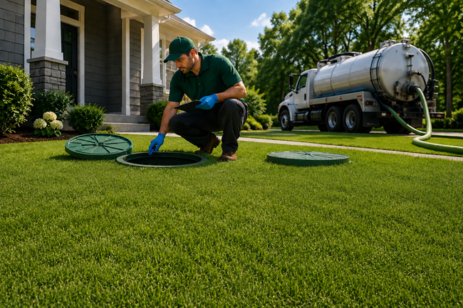Worker installing white PVC pipes in a dirt trench beside a landscaped yard