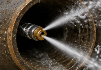 High-pressure water jets spraying inside a rusty metal pipe