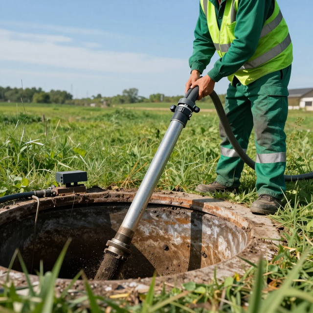 Worker kneeling over a green septic tank lid in a landscaped yard beside a service truck