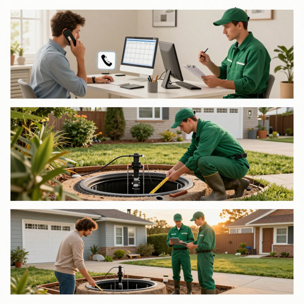 Worker in green uniform emptying a tanker truck into a manhole on a suburban lawn