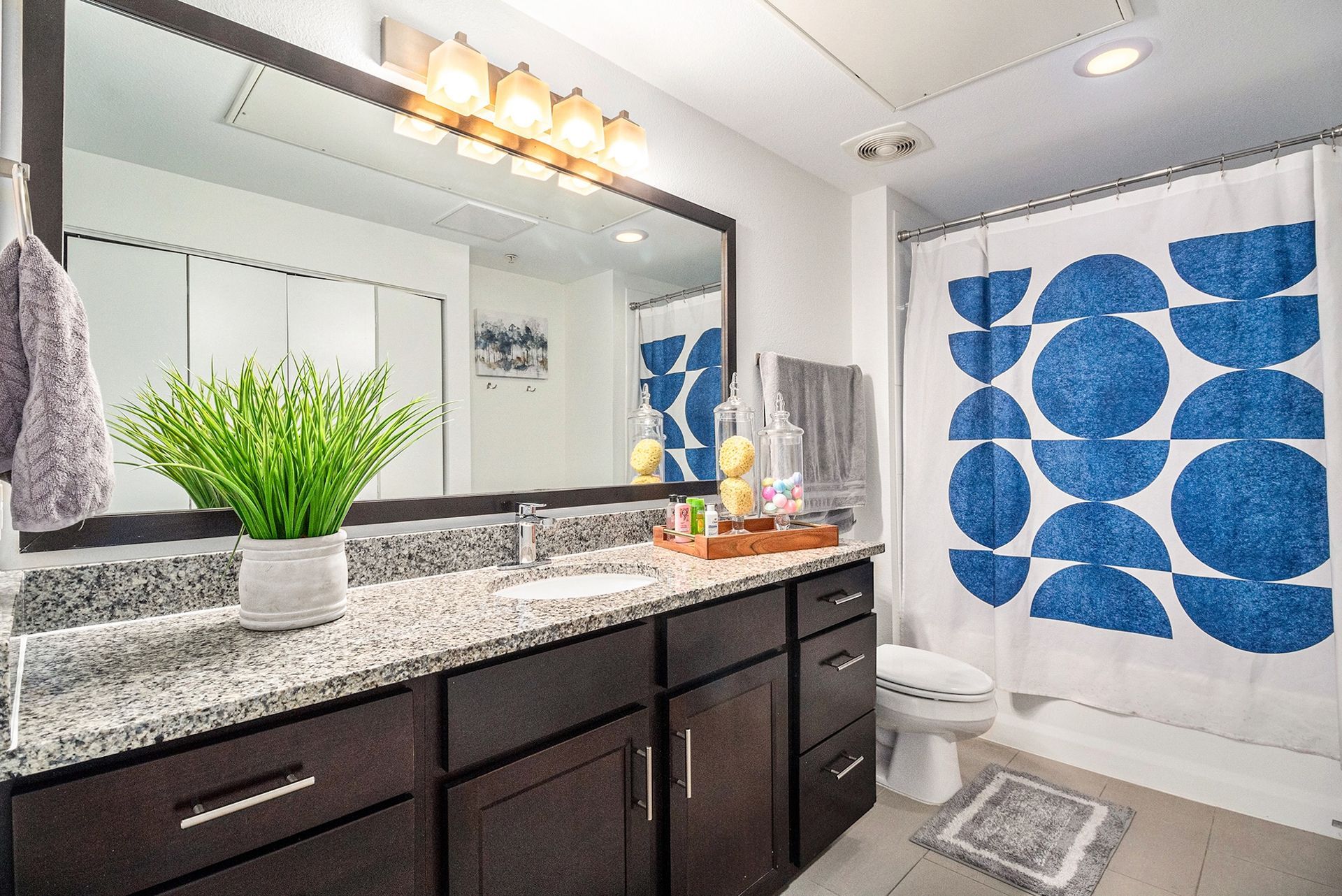 Modern bathroom with dark vanity, large mirror, white shower curtain with blue circles, and a small potted plant