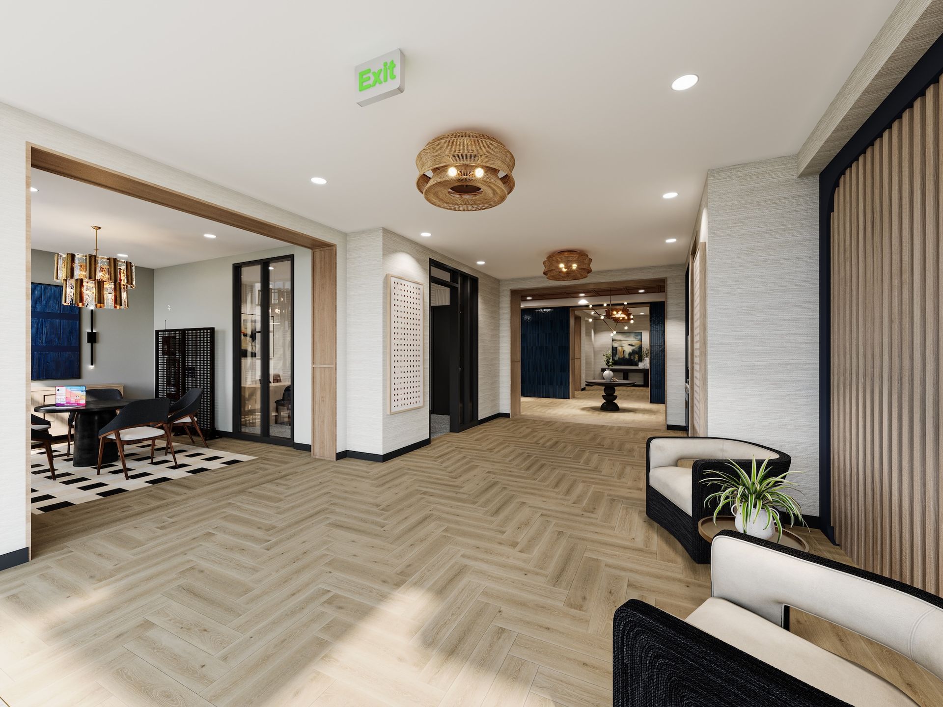 Hallway with wood floors, seating area, and entryways to other rooms.