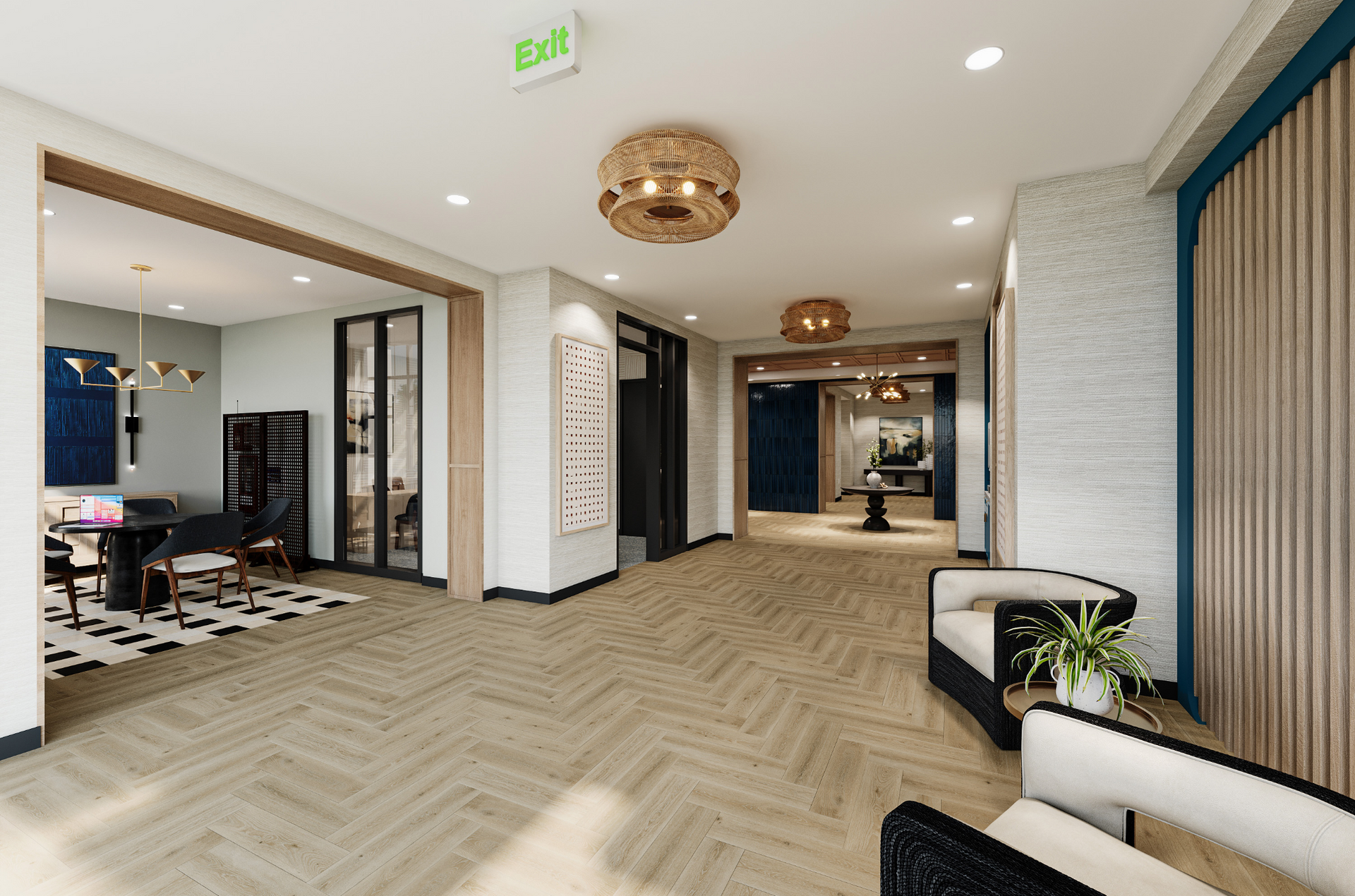 An artist 's impression of a lobby with chairs and a table.