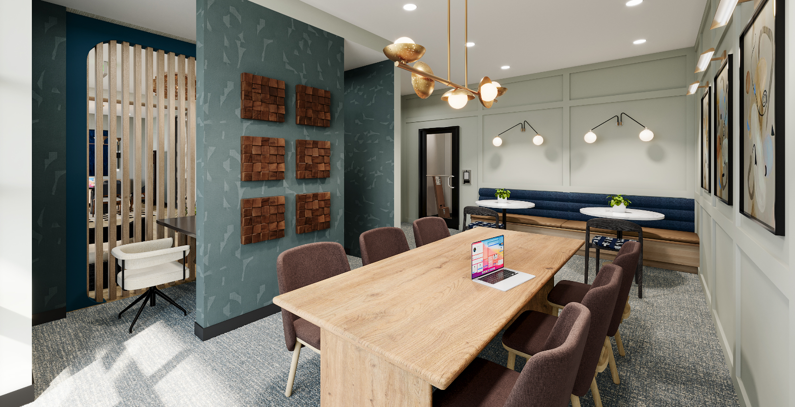An artist 's impression of a conference room with a long wooden table and chairs.