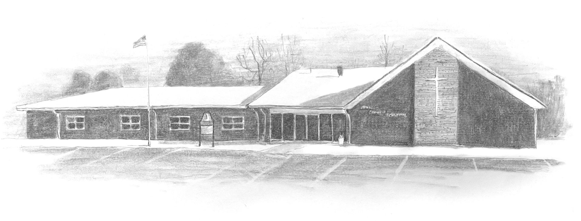 Pencil sketch of a long, low building with a pitched roof and front windows in a snowy landscape