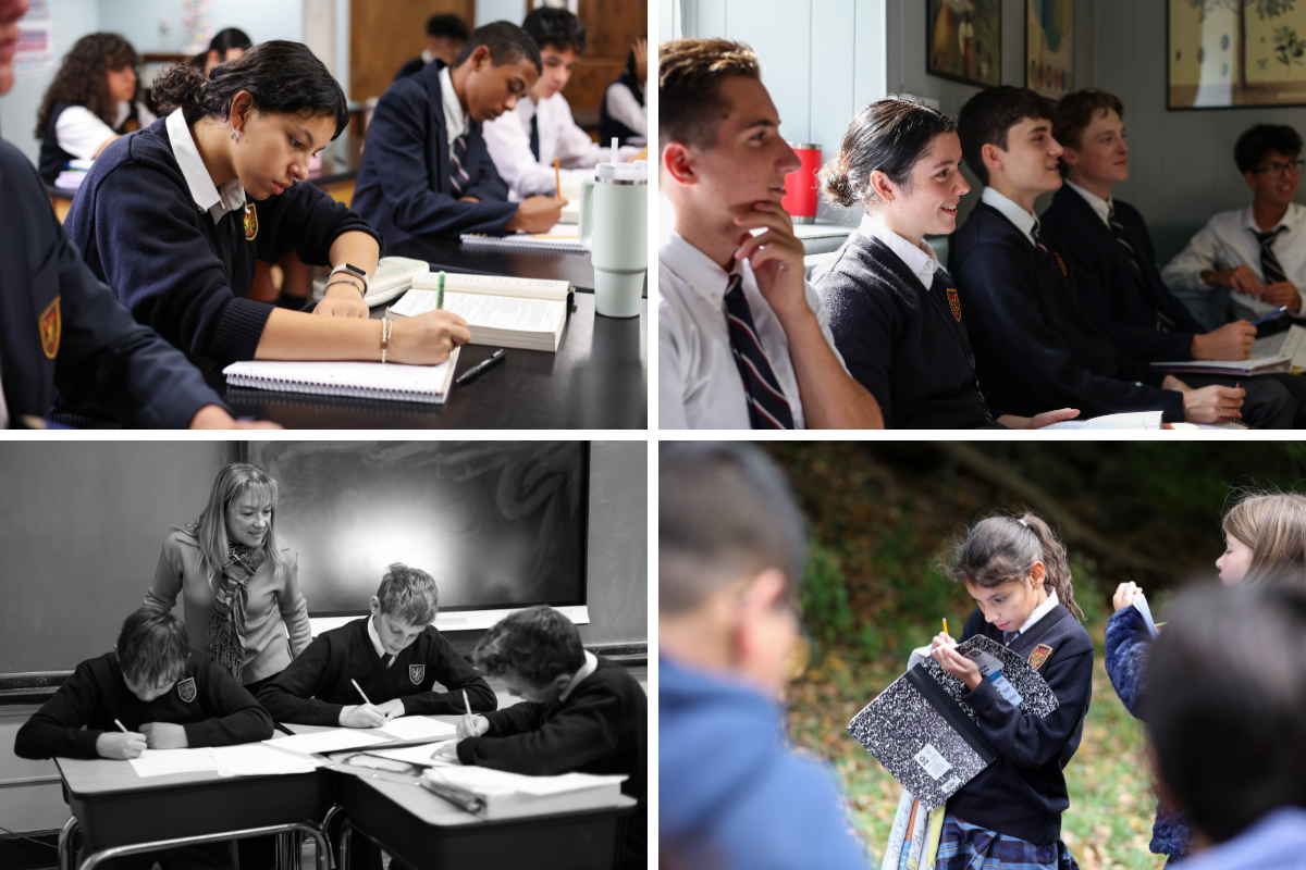 Classrooms of students in uniform; some writing, listening, or engaging in outdoor group activity.