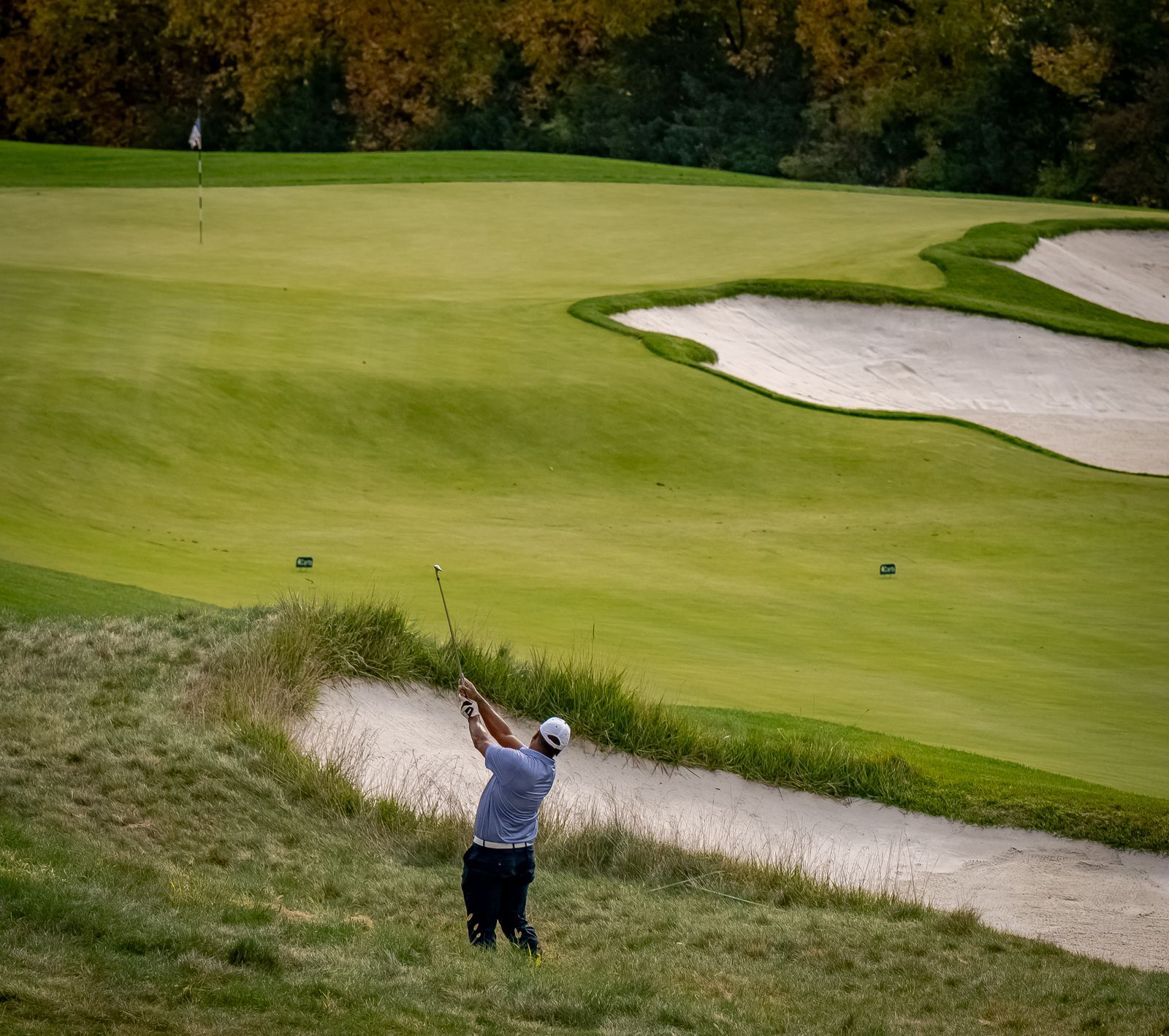 Golfer swinging a club on a green golf course, bunker in the foreground.